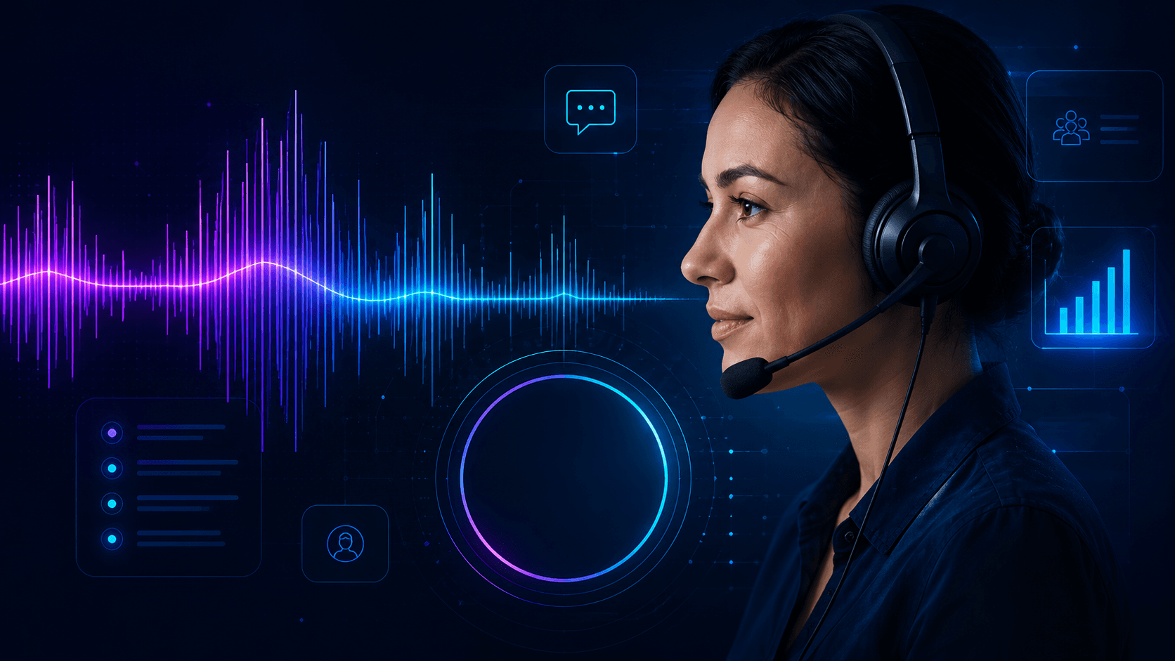 Ilustração de uma atendente com headset ao lado de elementos de conversa, áudio e indicadores.