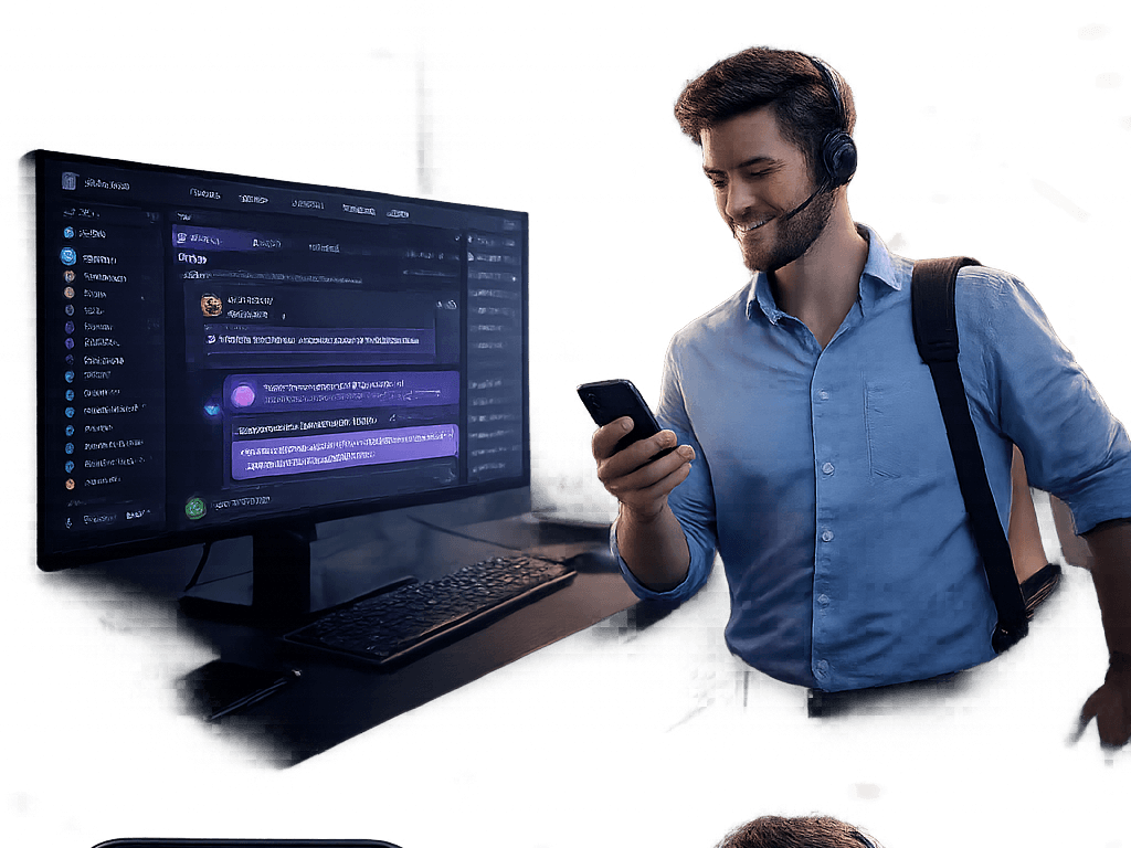 Atendente de contact center com headset segurando um celular Android com o Interaflow aberto, enquanto o monitor ao fundo mostra a mesma Fila de conversas no desktop — operação contínua entre PC e mobile, iOS e Android.